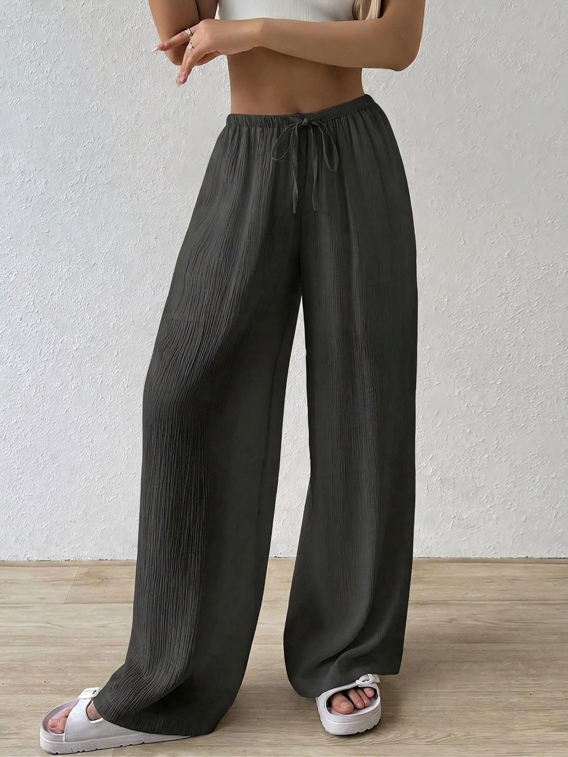 QJQ Women's Drawstring Waist Wide Leg Elegant Linen Palazzo Pants Elastic High Waisted Loose Trousers 2026
