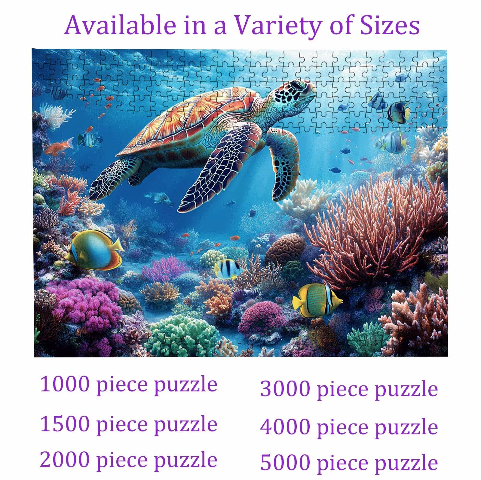 Puzzle 1000 elementów, puzzle 1000 elementów dla dorosłych, trudne puzzle, druk w wysokiej rozdzielczości i jasne kolory, drewniane puzzle żółw morze koralowe z wykwintnym pudełkiem do pakowania W3H