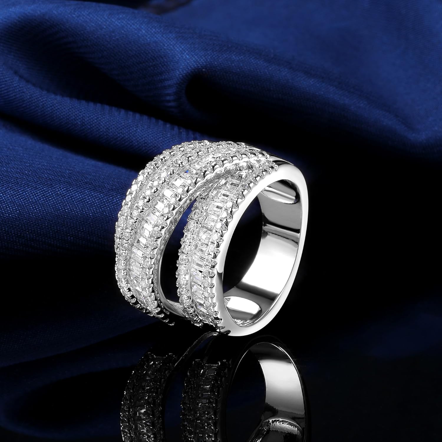 MDFUN 18K White Gold/Yellow Gold Plated Halo Wedding Eternity Ring for Women, 3 Rows Emerald Cut Cubic Zirconia Rings Statement Band Size 5-10 - Image 6