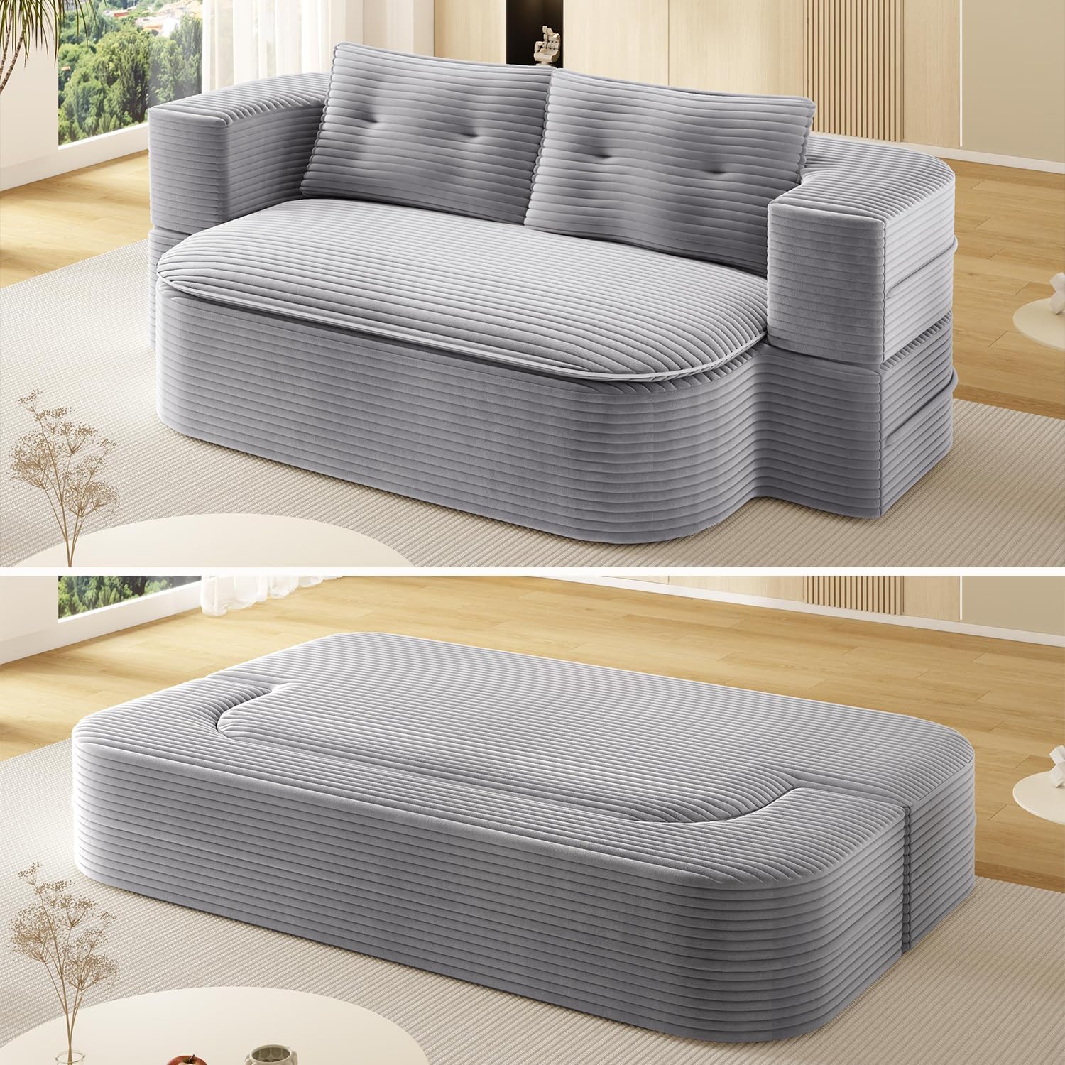 80" Convertible Folding Sofa Bed with Multi Functional Blanket,King Size Folding Mattress Sleeper Cloud Floor Couch,Corduroy Boneless Sectional Couches for Living Room Bedroom (Light Grey)