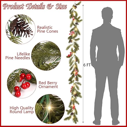 Miniatura 2 de CCINEE Guirnalda de Navidad con luces, guirnalda de pino Norfolk preiluminada de 6 pies con 35 luces LED, bayas rojas, conos de pino, decoración