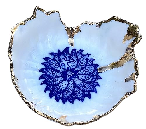 Ceramic Blue and Gold Lotus Flower Ring Dish, Handmade Jewelry Bowl, Trinket Dishes, Unique Gift for Women, Men, Him, Her -Stock Photo, please read