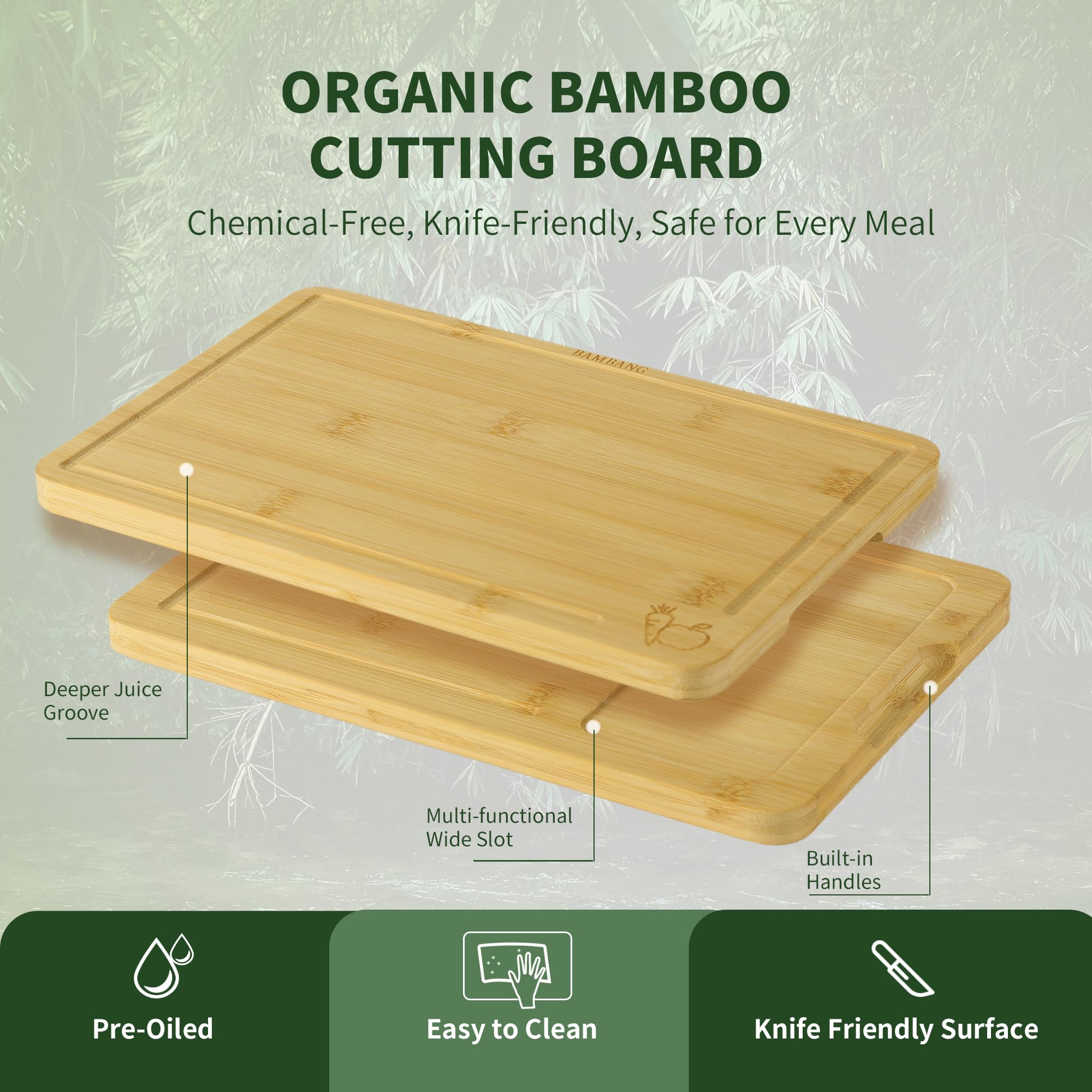 BAMBANG Juego de tablas de cortar de bambú, 3 tablas de cortar de madera para cocina, bloque de carnicero no tóxico con ranura para jugo, tablas de cortar grandes, medianas y pequeñas para carne