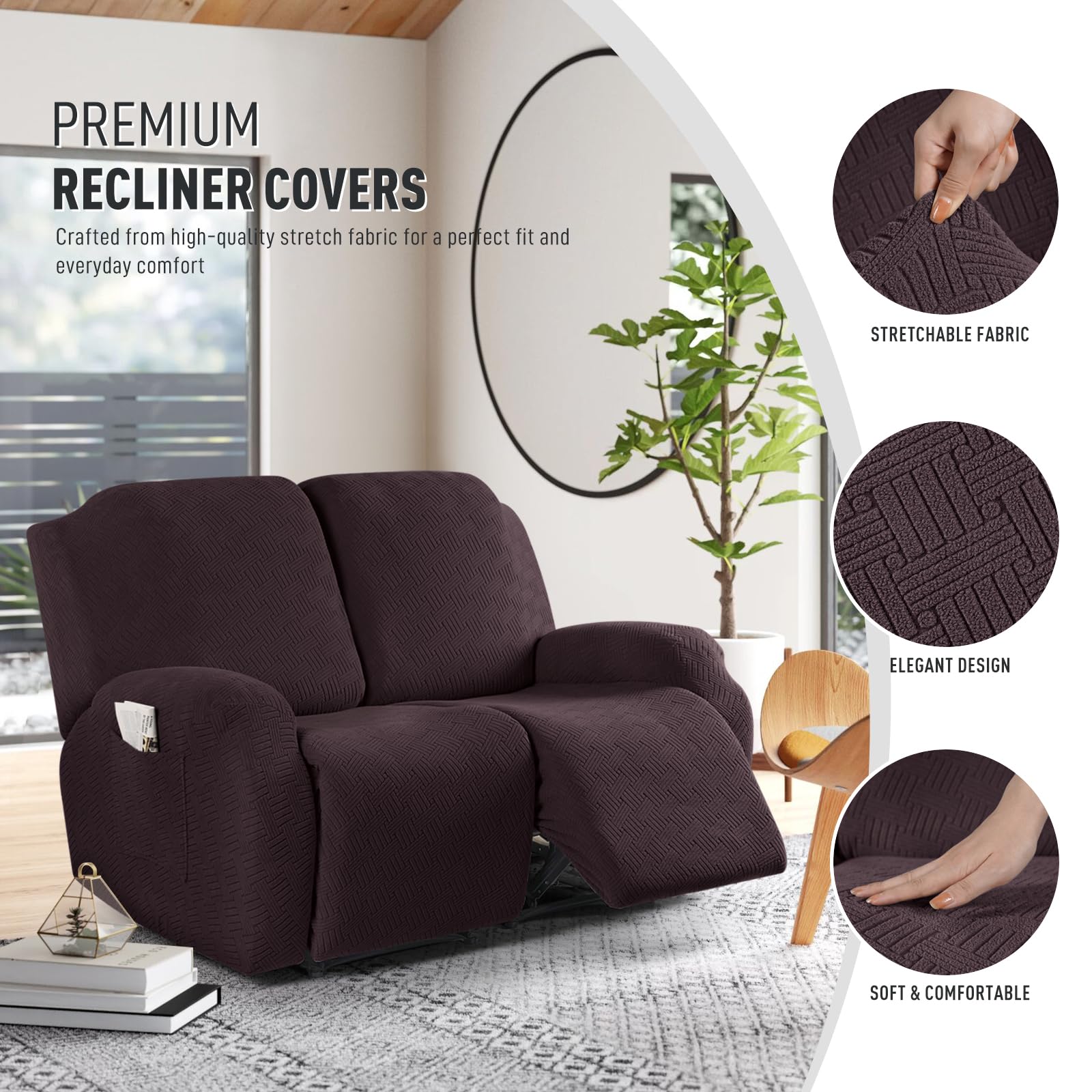 KinCam Jacquard Recliner Chair Cover, Stretch Sofa Slipcover with Armrest & Pocket - Image 3