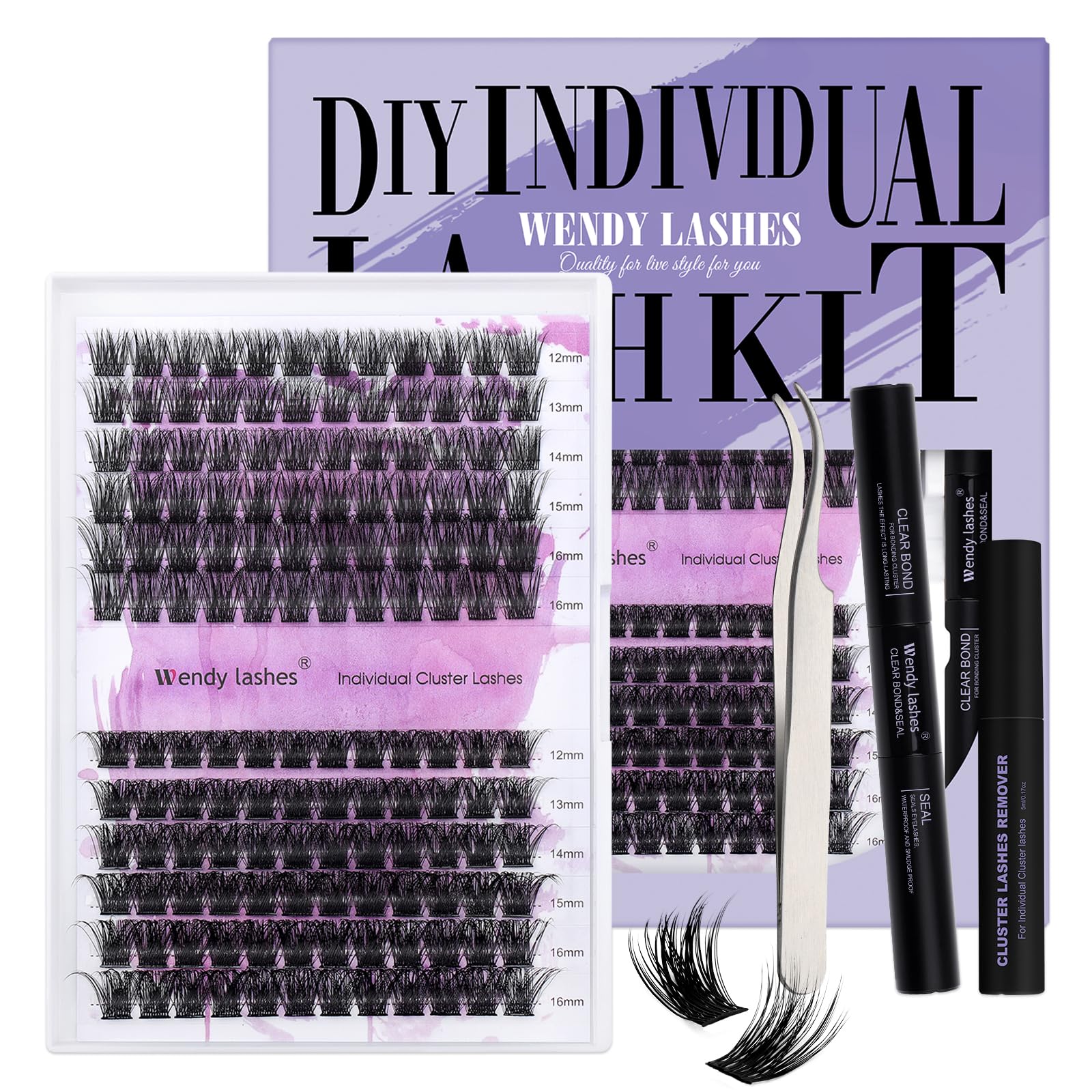 DIY Lash Extensions Set FD18+B Cluster Lashes 0.07mm-D Curl 12-16mm Wimpern Extensions zu Hause Lash Bond and Seal for Wimperverlängerung(FD18+B-D-1216)