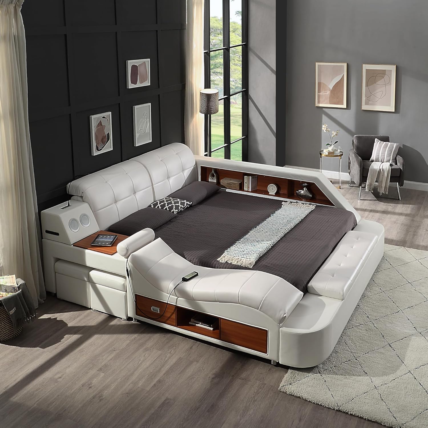 Gahowlen King Bed Frame, Modern Luxury Multifunction Bed