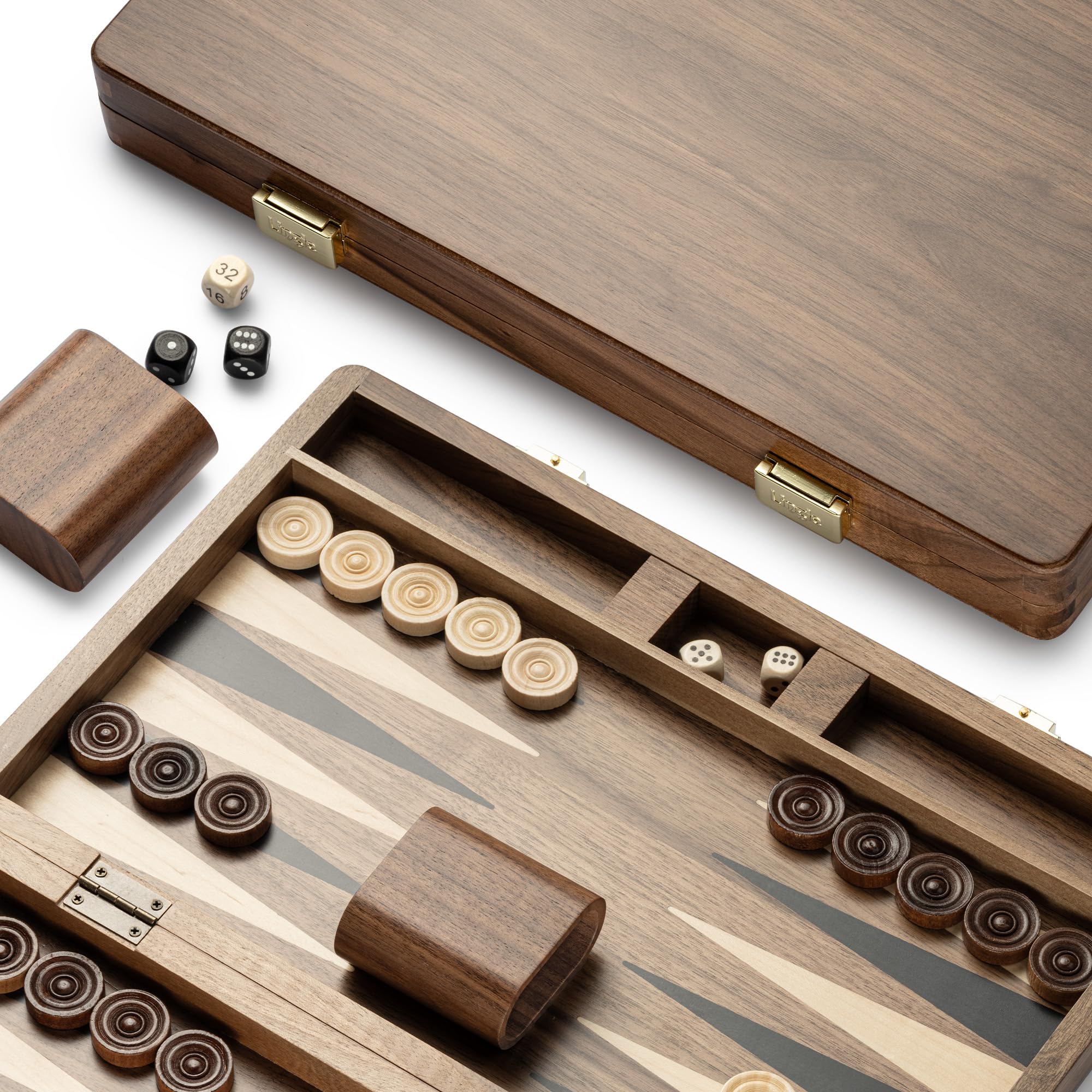 Set da backgammon pieghevole Lingle in noce naturale da 36,83 cm, per adulti e bambini. Include 30 pedine in corno artificiale, 2 coppe per dadi in noce e 5 dadi in legno