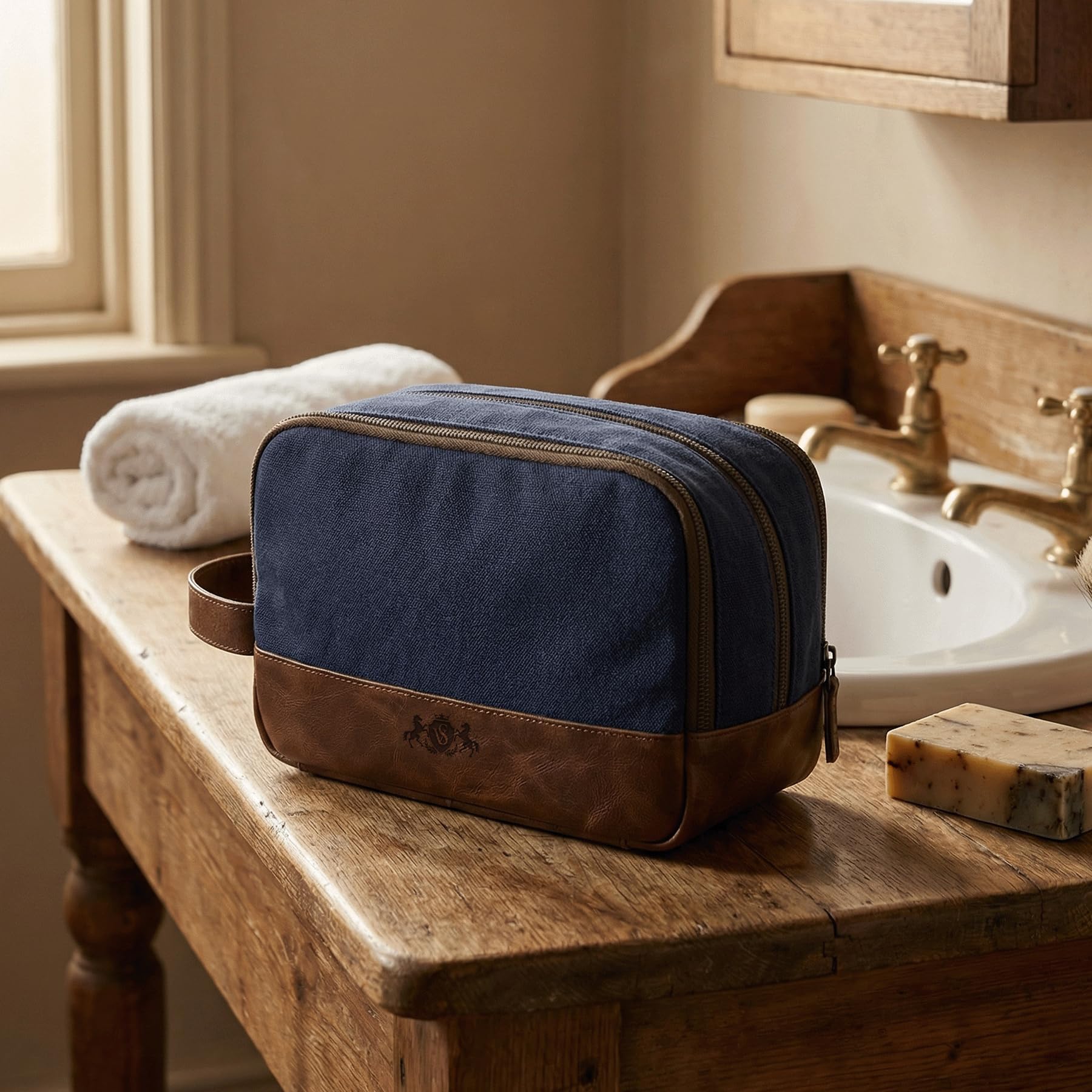 SID & VAIN® borsa toiletry vera pelle BEAU borsetta necessaire Toilette pochette beauty case da Viaggio uomo donna blu prodotto artigianale