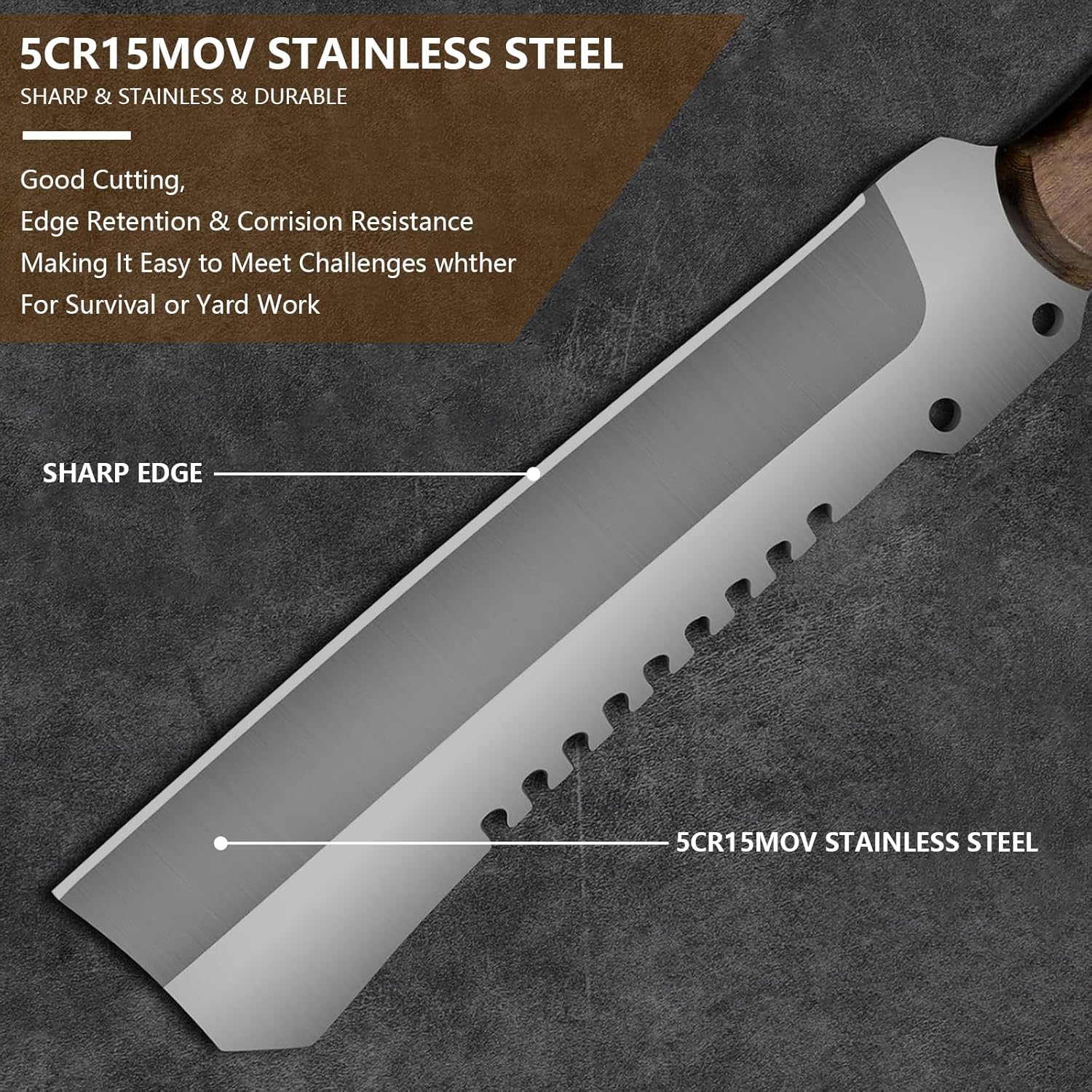 Machete w Sheath for Yard Work, 15'' Full Tang Camping Machete for Cutting Trees Heavy Duty, Survival Machetes, 0.22’’ Thick 5CR15MOV Stainless Steel Blade Spine & Wood Handle, Clearing Brush and Gardening - Image 4