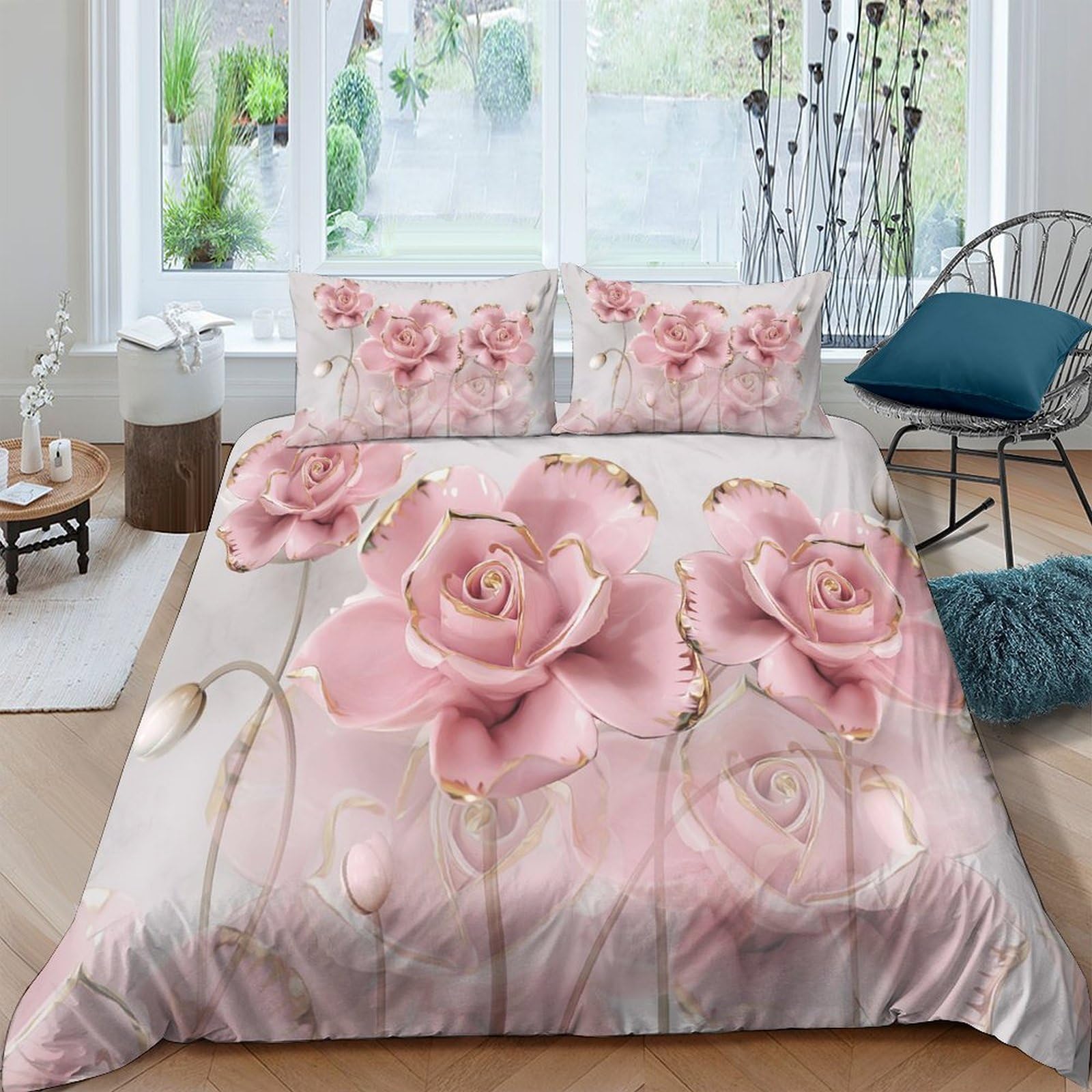 P5V6M1Q9 3D Printed Pink Rose Duvet Cover Microfiber Soft Breathable Floral Bedding Set with 2 Pillowcases for Bedroom Decor Single（135x200cm）
