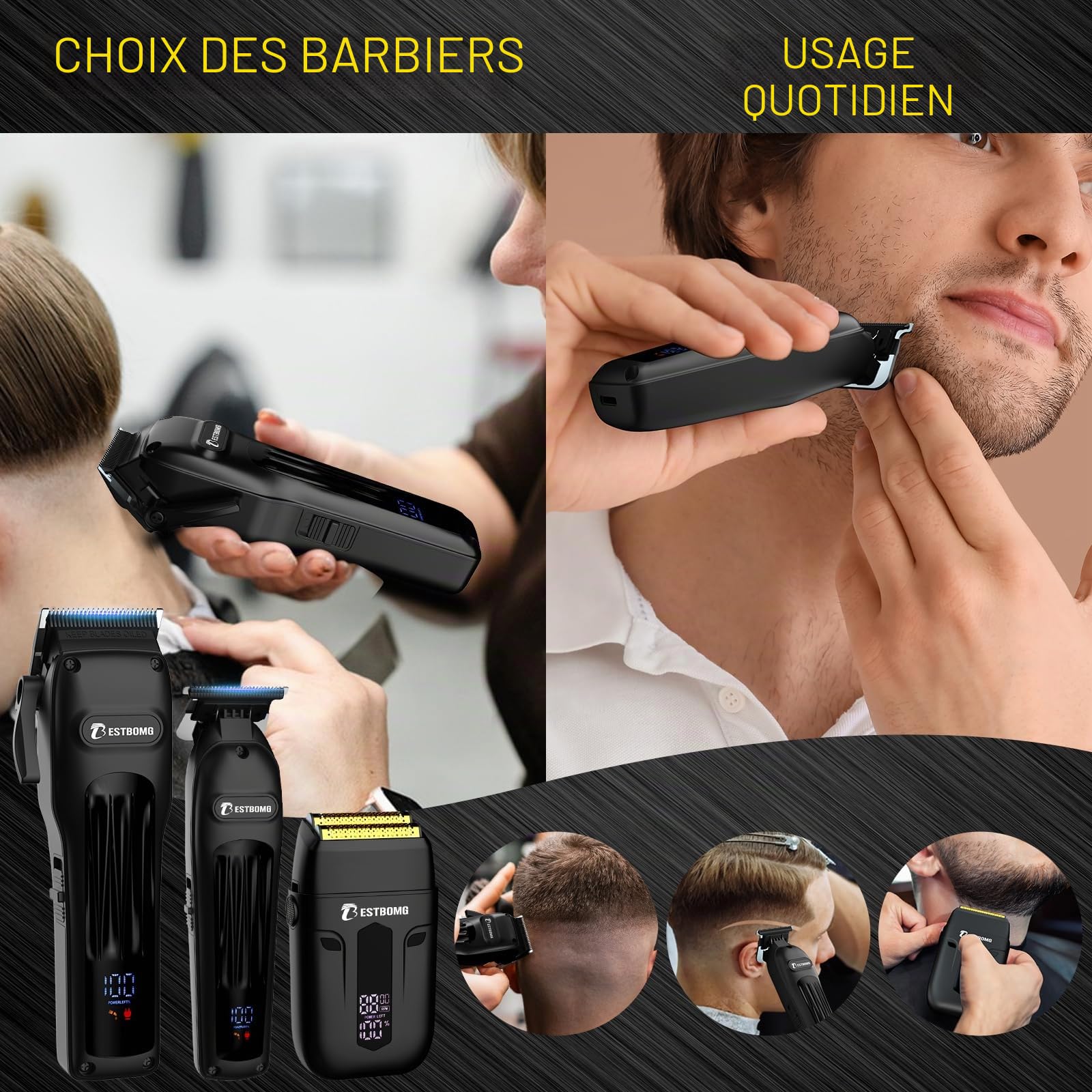 BESTBOMG® Tondeuse à cheveux professionnelle pour homme, tondeuse à barbe et rasoir rechargeable, lame en T en métal, écran LED, kit de coupe de cheveux pour homme et cadeaux, BS-808A (noir)