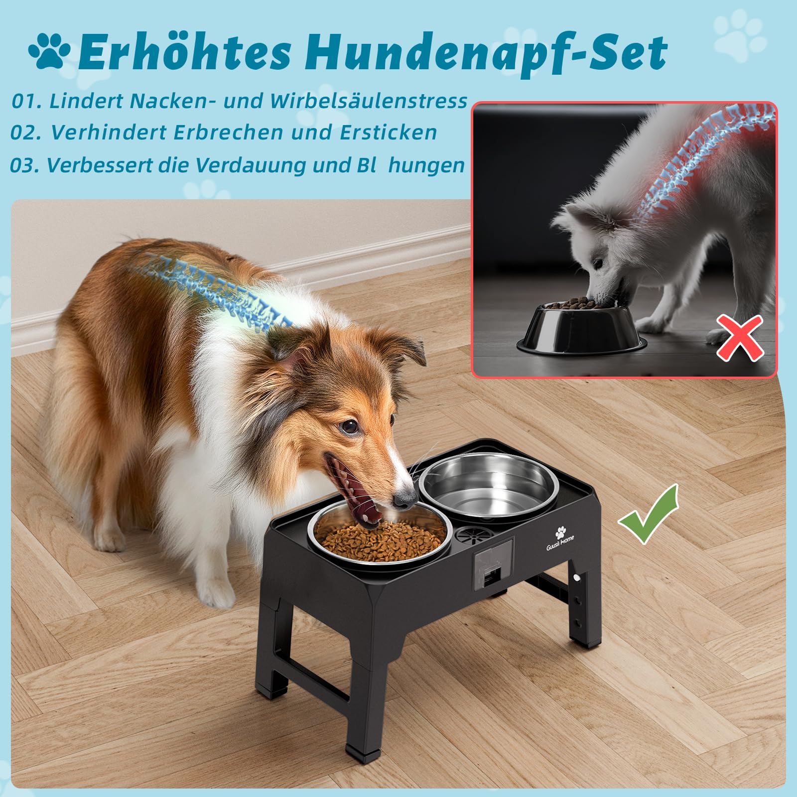 GUUSII HOME Hundenapf Erhöht Erhöhter Fressnapf Napf Grosse Hunde Futterstation Hund Napfständer Groß Hundebar Futterbar Napfset Hoch mit Ständer Doppelnapf 43.5 * 24.4 * 12/25.7/29.7/33.7cm 2000ml