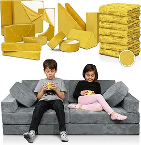 Lunix LX15 Modular Kids Couch 14pcs – Gray + Replacement Yellow Cover – Convertible Play Sofa for Toddlers & Kids – Washable, Soft Foam for Climbing, Building & Resting – Bundle and Save 10%