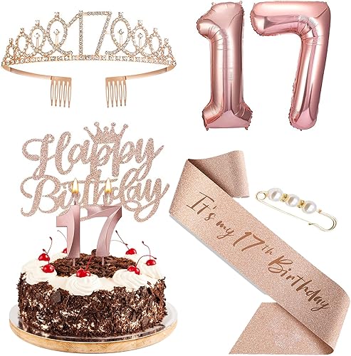 Decoraciones de cumpleaños número 17 para niñas, oro rosa, incluye corona de tiara de diamantes de imitación dulce número 17, banda de reina de