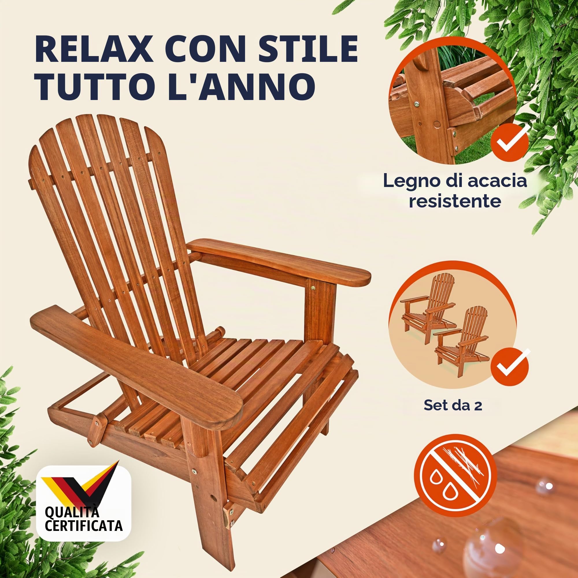 CASARIA 2x Sedia Prendisole Relax Set Pieghevole Adirondack da Giardino Sdraio Mare Legno di Acacia