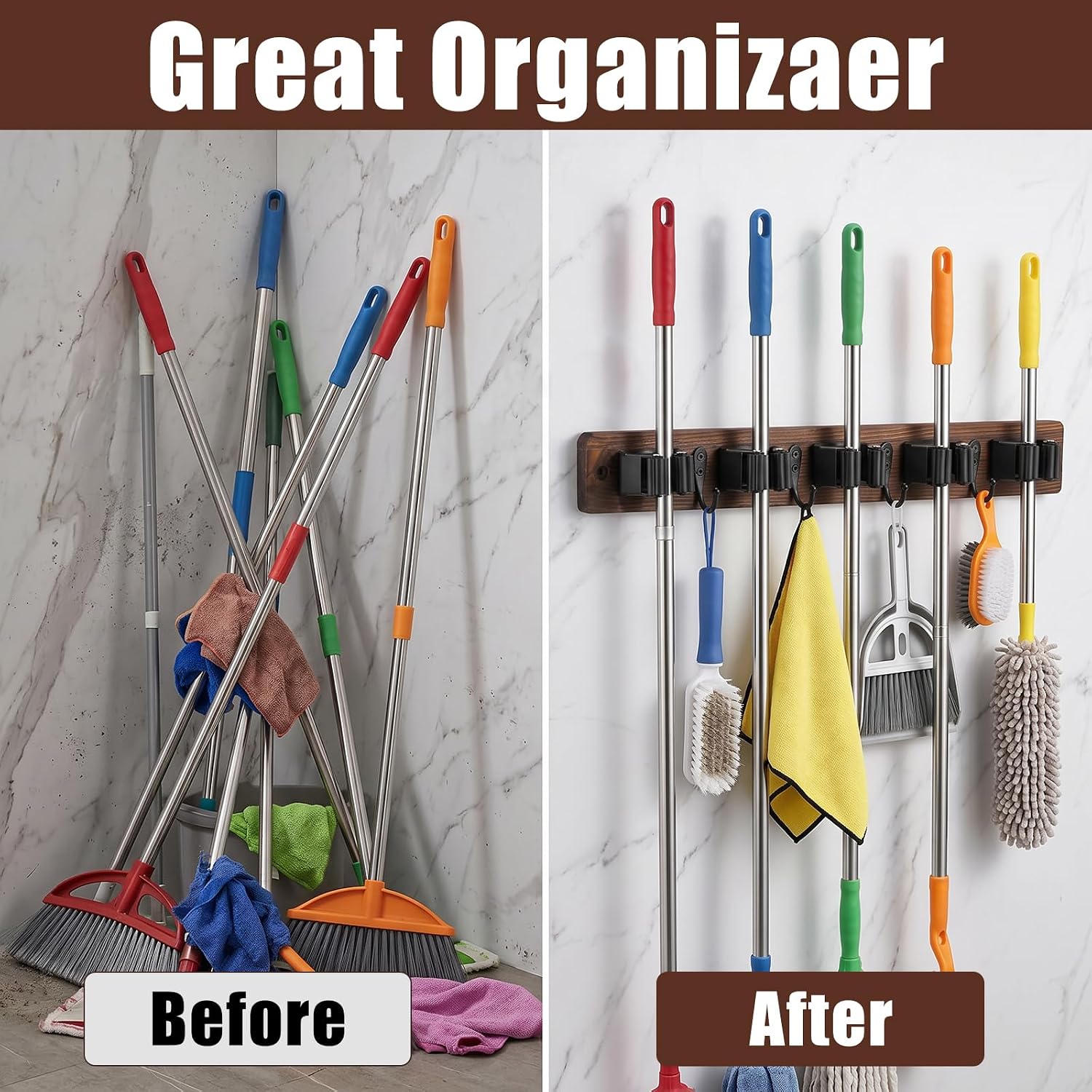 2 Pack Broom Holder Wall Mount Rustic Wood Broom Hanger Wall Mount With 5 Slots And 4 Hooks Mop And Brooms Organizer Walls Hanging For Laundry Rooms Garage Kitchen Closet Decor Brown