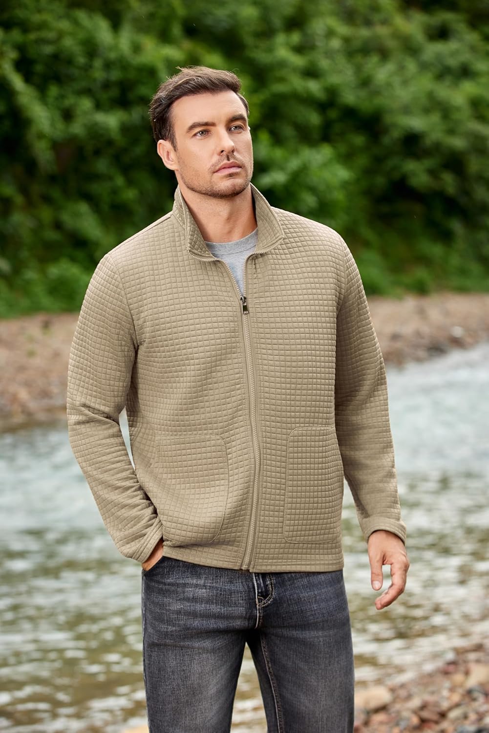 COOFANDY Men's Lightweight Varsity Jacket Casual Bomber Jackets Waffle Zip Up Sweatshirts with Pocket - Image 9