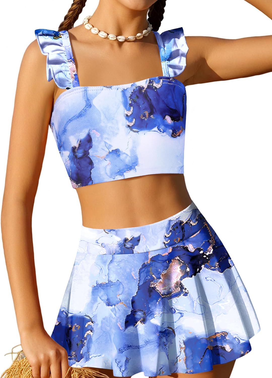 Arshiner Girls Swimsuit 3 Piece Bathing Suits Cute Bikini Tankini Sets Teen Ruffle Swimwear with Cover Up Skirt