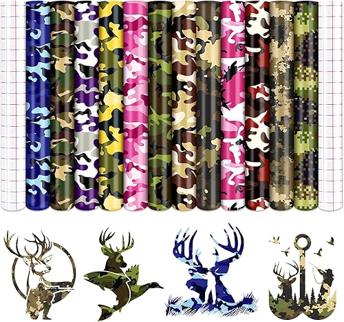 Tintnut Vinilo permanente de camuflaje, 12 hojas, 12 x 10 pulgadas, estilo camuflaje, vinilo adhesivo permanente para máquina de cortar,