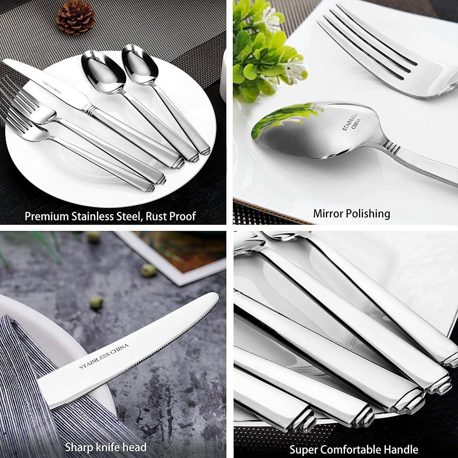 Lorena Flatware Set for 4, 20-Pieces Stainless Steel Silverware Sets Service for 4, 20 Pcs Flugh Cutlery Set Fork Knife Spoon Set,Dishwasher Safe