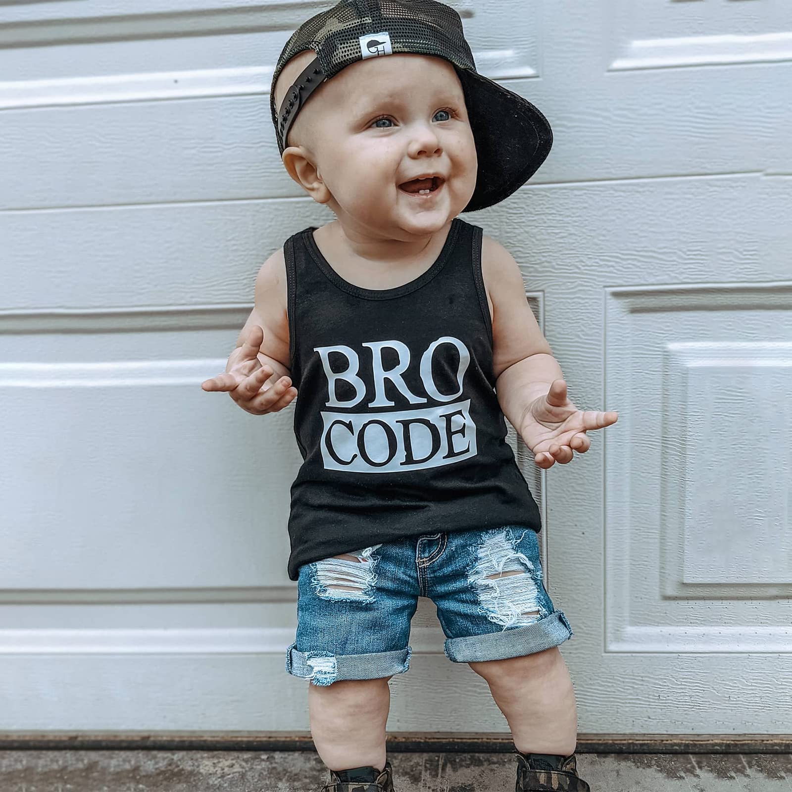Toddler Boys Summer Outfit Set T Shirt Tank Tops Sleeveless Vest with Ripped Denim Shorts Beach Clothes 2Pcs (Black, 3-6 Months)