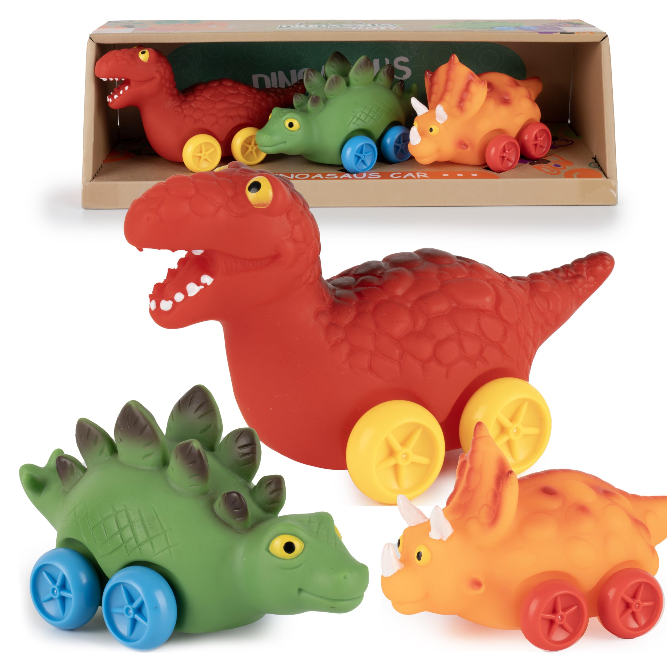 Bambibo Dinosaur Car Toys - Pack of 3 Rubber Dinosaur Cars for Kids | Dino Squishy Toys for Boys Ages 3-6