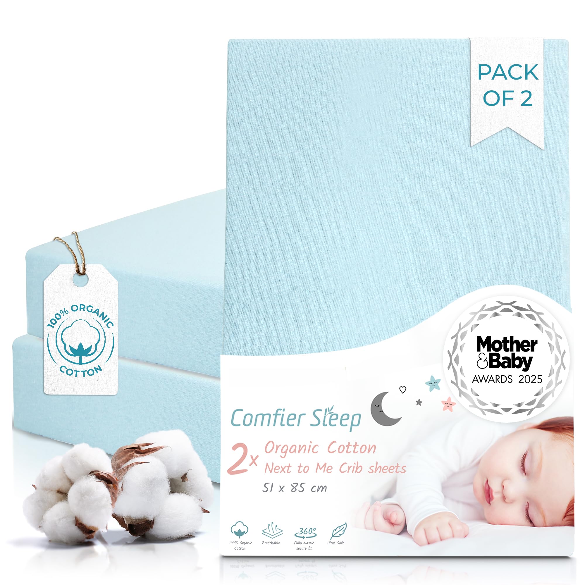 Next To Me Crib Sheets 51x85cm – Award-Winning 2 Pack 100% Organic Cotton Grey Bedside Crib Fitted Sheets – Soft Breathable Tutti Bambini CoZee Fitted Sheets for Daily Use — view 35