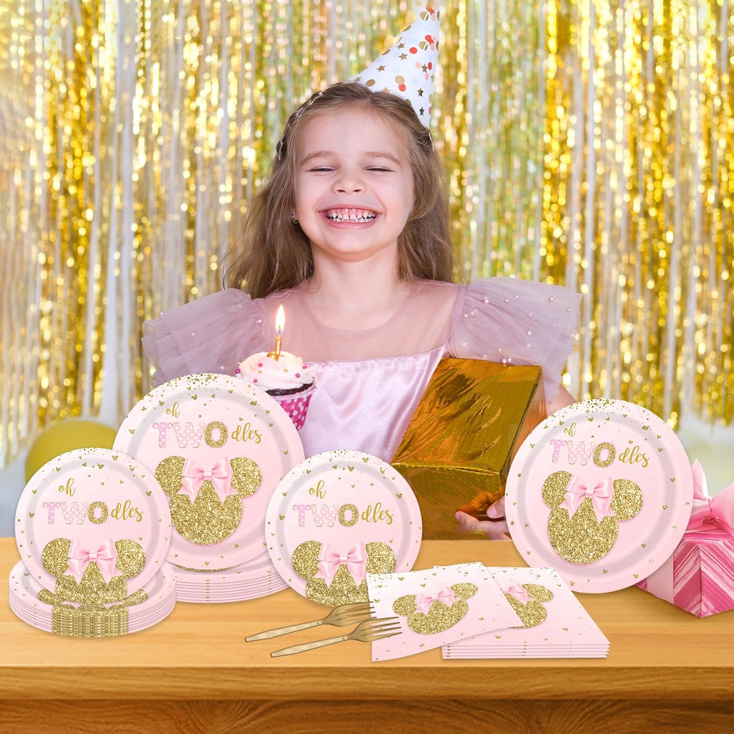 96 PCS Cartoon Mouse 2nd Plates and Napkins Party Supplies Girls Oh Twodles Mouse Happy 2nd Birthday Tableware Set Two Years Old Birthday Dinnerware Party Decorations Serve 24 Guests - Image 5