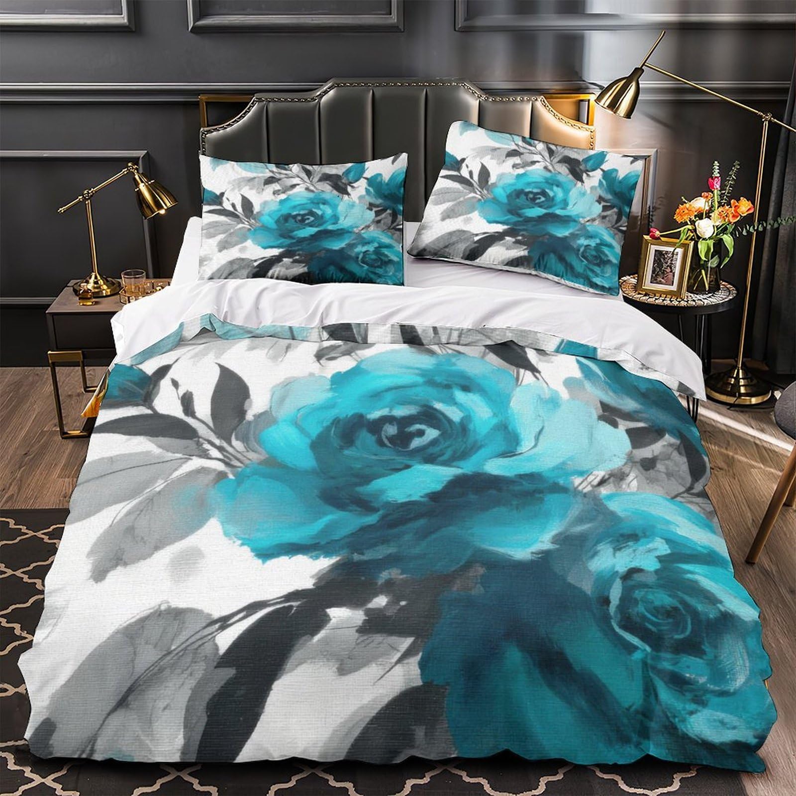 Housse de couette 135x200cm bleu floral en microfibre ultra douce effet 3D