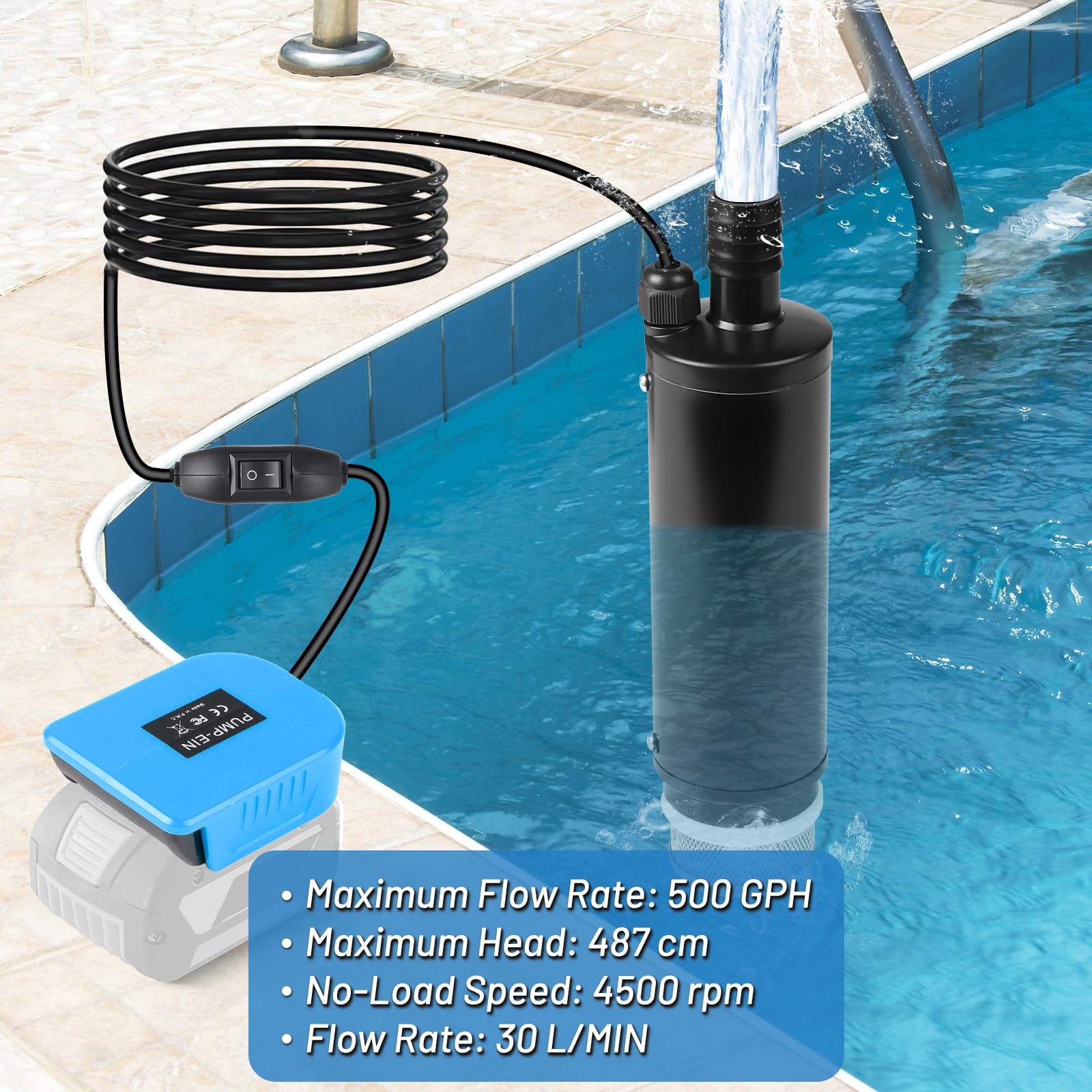 CPROSP Pompa Sommergibile Portatile, Compatibile con Batteria Bosch GBA da 18 V (Senza Batteria), 30L/min Pompa di Trasferimento, per Piscina, Giardino, Acquario, Stagni, Campeggio