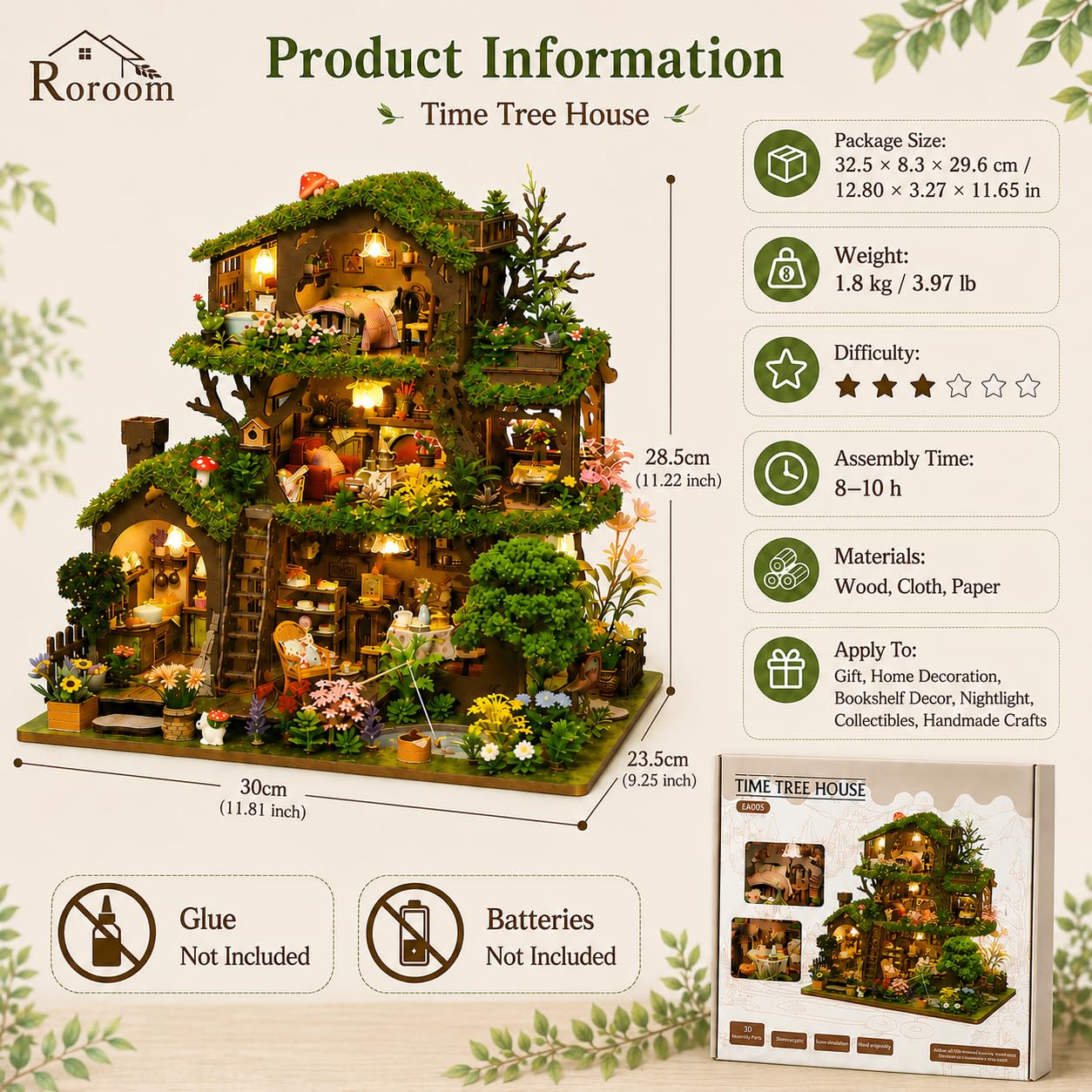 Roroom Miniatur Haus, Wald-Baumhaus Puppenhaus aus Holz | mit warmem LED-Licht und Musikbox, 3D Holzpuzzle Bastelset für Regal- und Zimmer Deko, kreatives Geschenk für Naturfans
