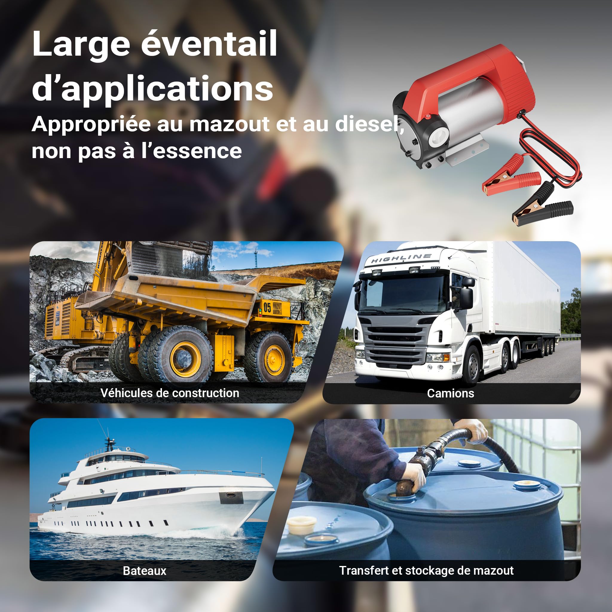 Wiltec Pompe d'aspiration à Fuel Diesel auto-amorçante – 12 V / 160 W / 40 l/min – avec Bornes de batterie – Pour gazole et huile de diesel, vidange transvasement