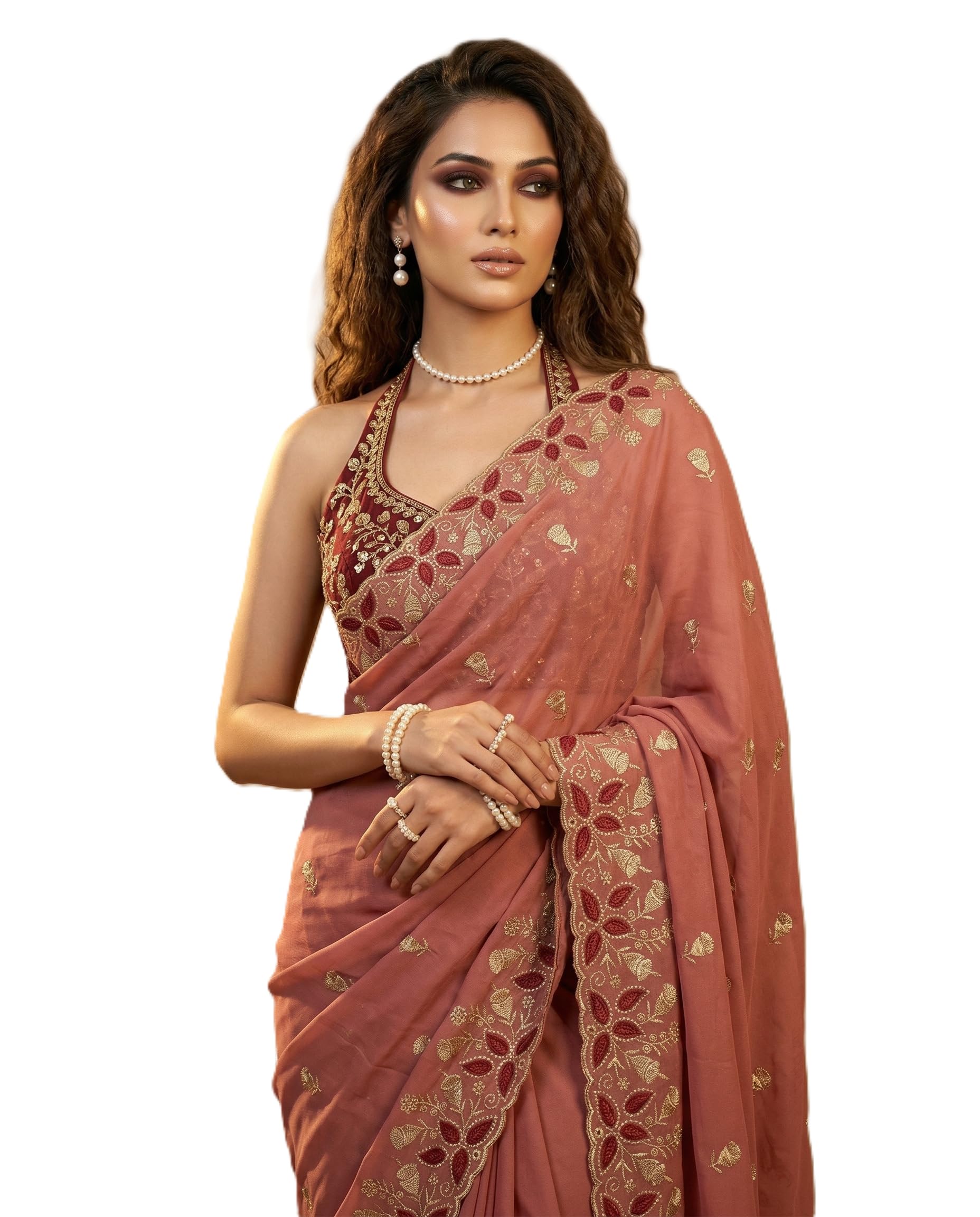 Nirlabh Women's Wedding Party Wear Peach Pink Embroidered Dress