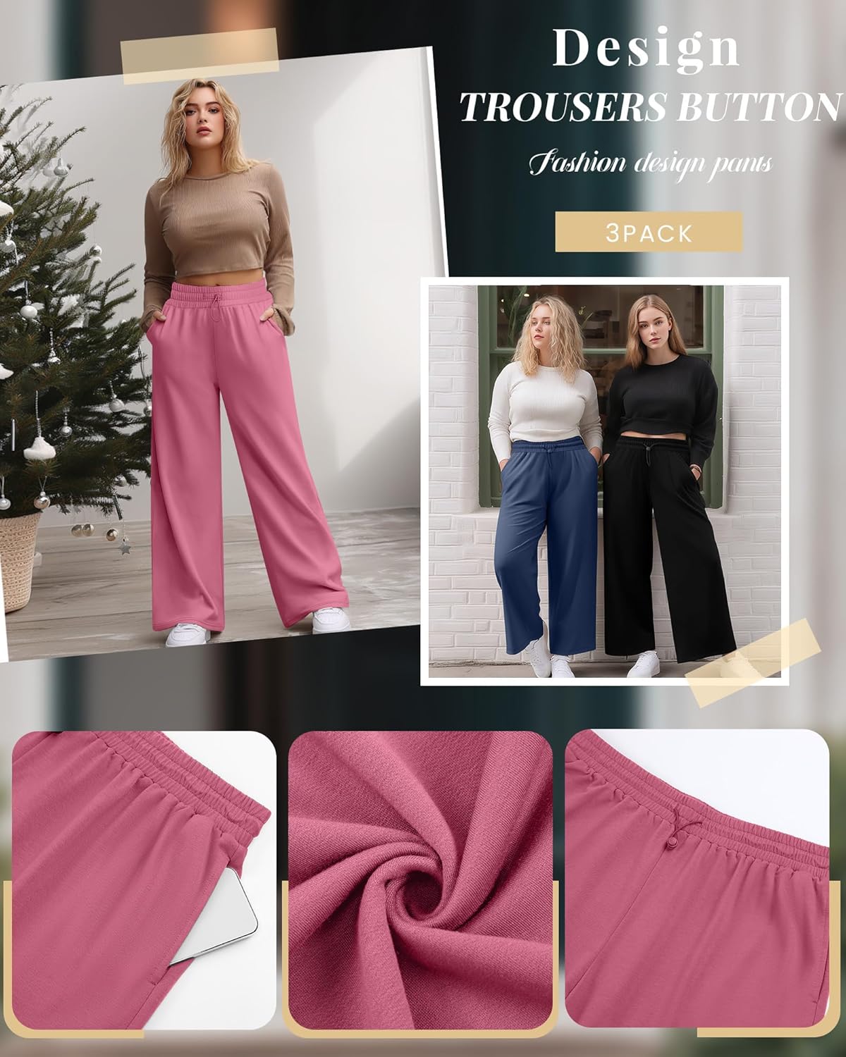 Evervibe 3 Pack Womens Plus Size Sweatpants Wide Leg Elastic High Waist Baggy Joggers Lounge Yoga Workout Pants with Pockets