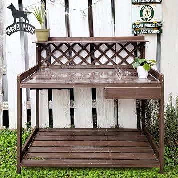 Outdoor Potting Bench, Wooden Garden Workstation Table w/Drawer, Open Shelf, Lower Storage- Extra PVC Layer