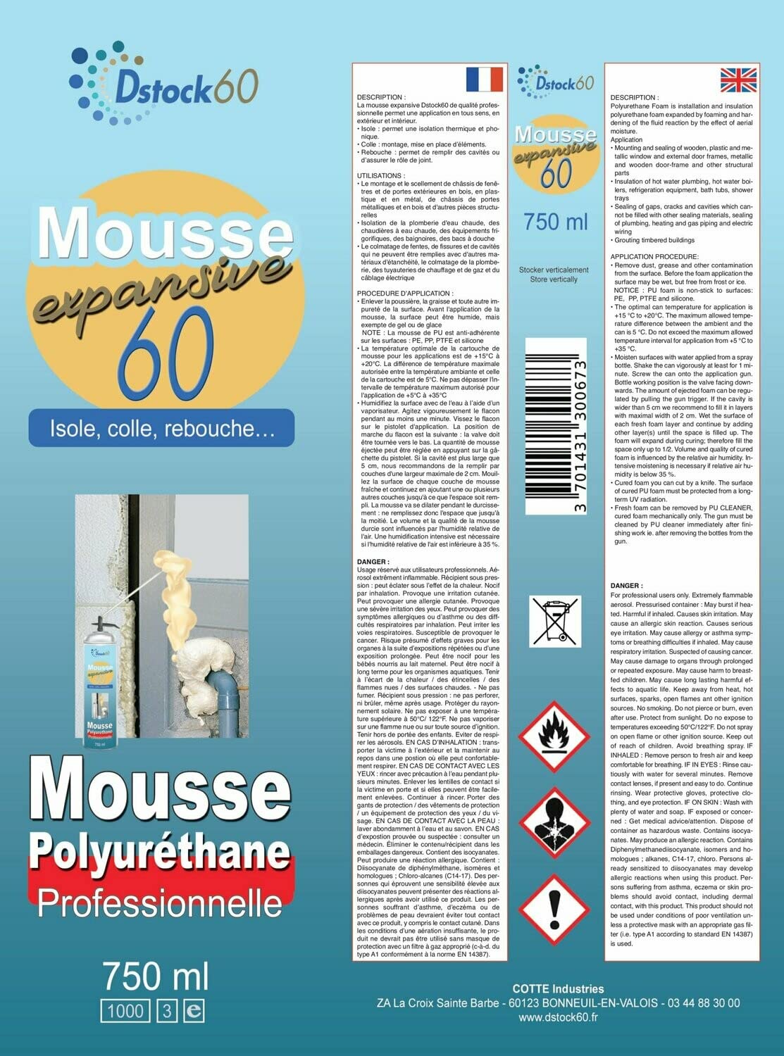 Dstock60 - Ensemble de 48 mousses expansives 750 Ml - Mousse polyuréthane professionnelle - Isole, colle et rebouche - Mousse pistolable - Extérieur et intérieur -