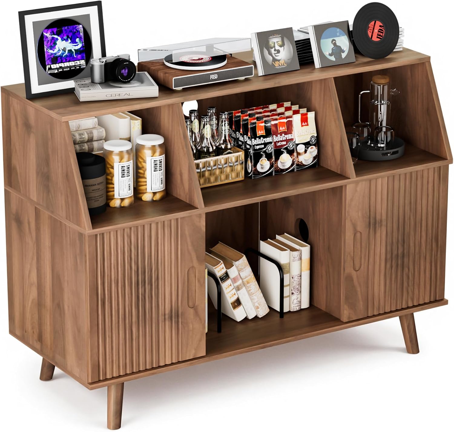 Record Player Stand, Large Record Player Table with Vinyl Storage and Display Shelf Holds up to 350 Albums, Mid Century Vinyl Record Storage for Living Room