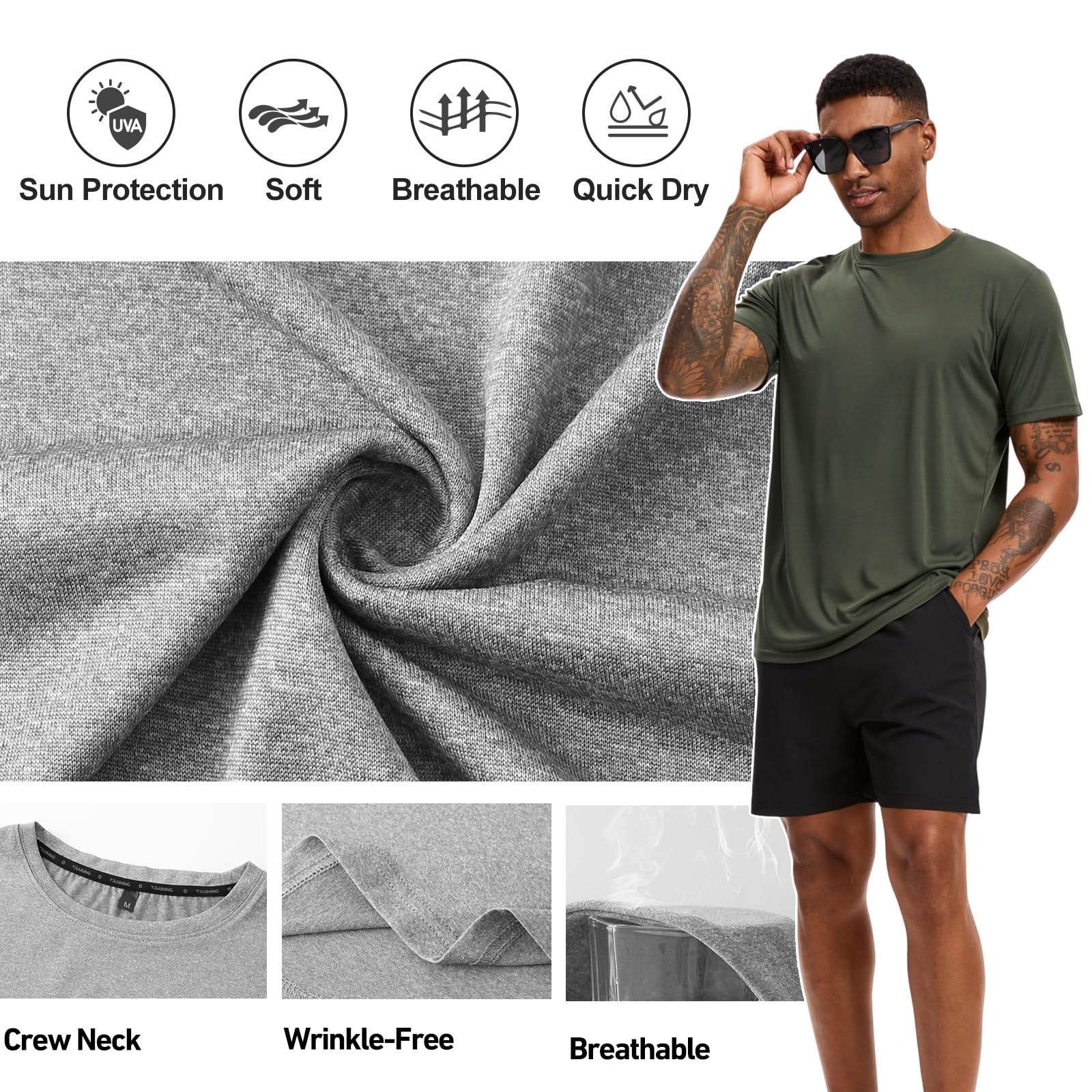 5 Pack Tee Shirt Homme UPF 50+ Anti UV Sport Tshirt Manches Courtes Séchage Rapide Respirant T Shirt Sport Fitness Gym T-Shirt