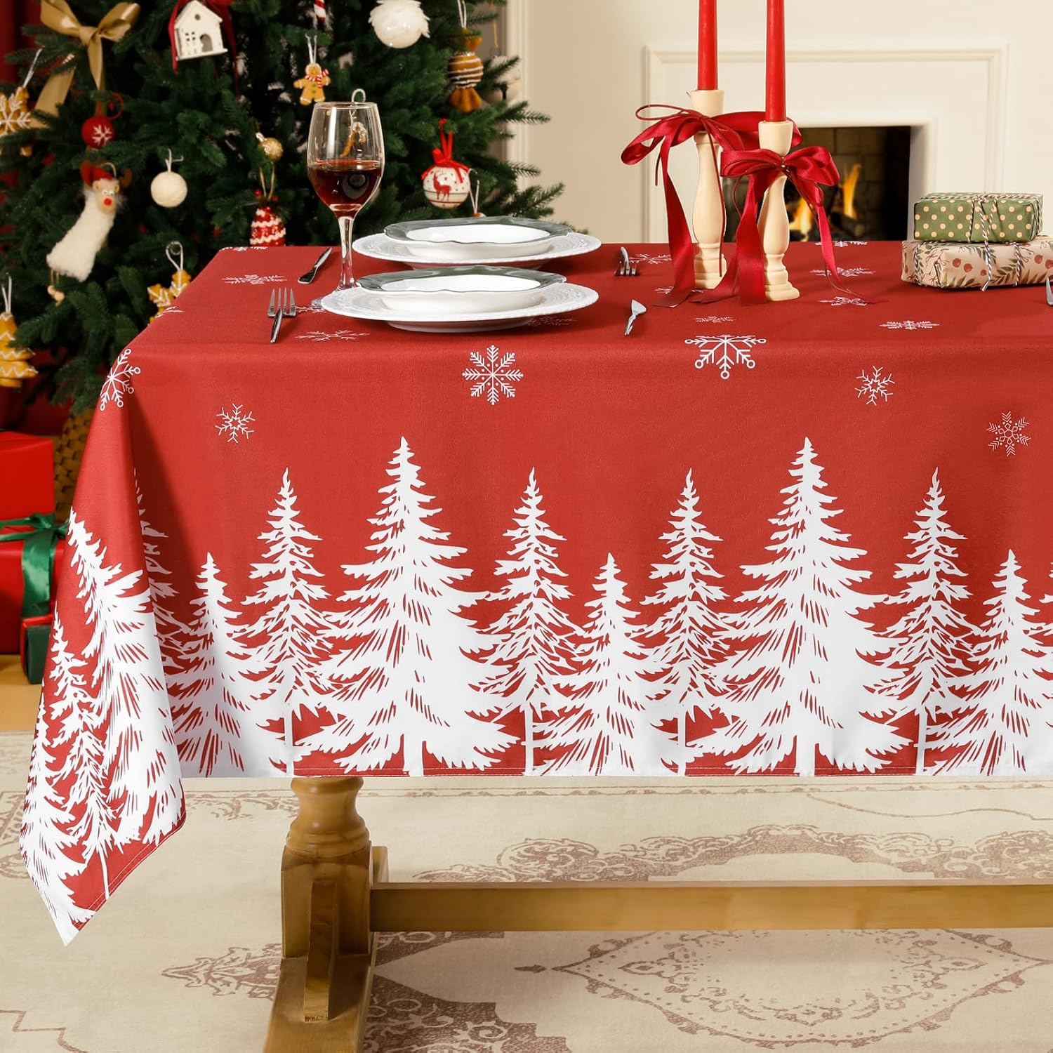 Softalker Christmas Tablecloth Rectangle 60x120 Inch, Winter Xmas Trees Red Table Cloth, Stain Resistant Farmhouse Fabric Table Cover for Holiday, Dinner, Party Treered 60" x 120" (Rectangular)