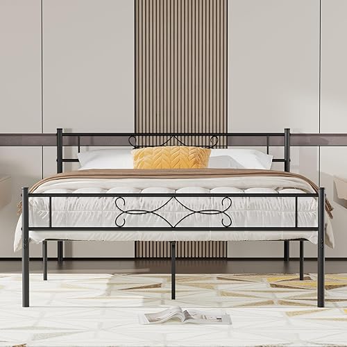 VECELO Base de cama tamaño Queen con plataforma de metal, base de colchón con cabecero, soporte de listones de acero, no necesita somier, fácil disponible en Yaxa Colombia