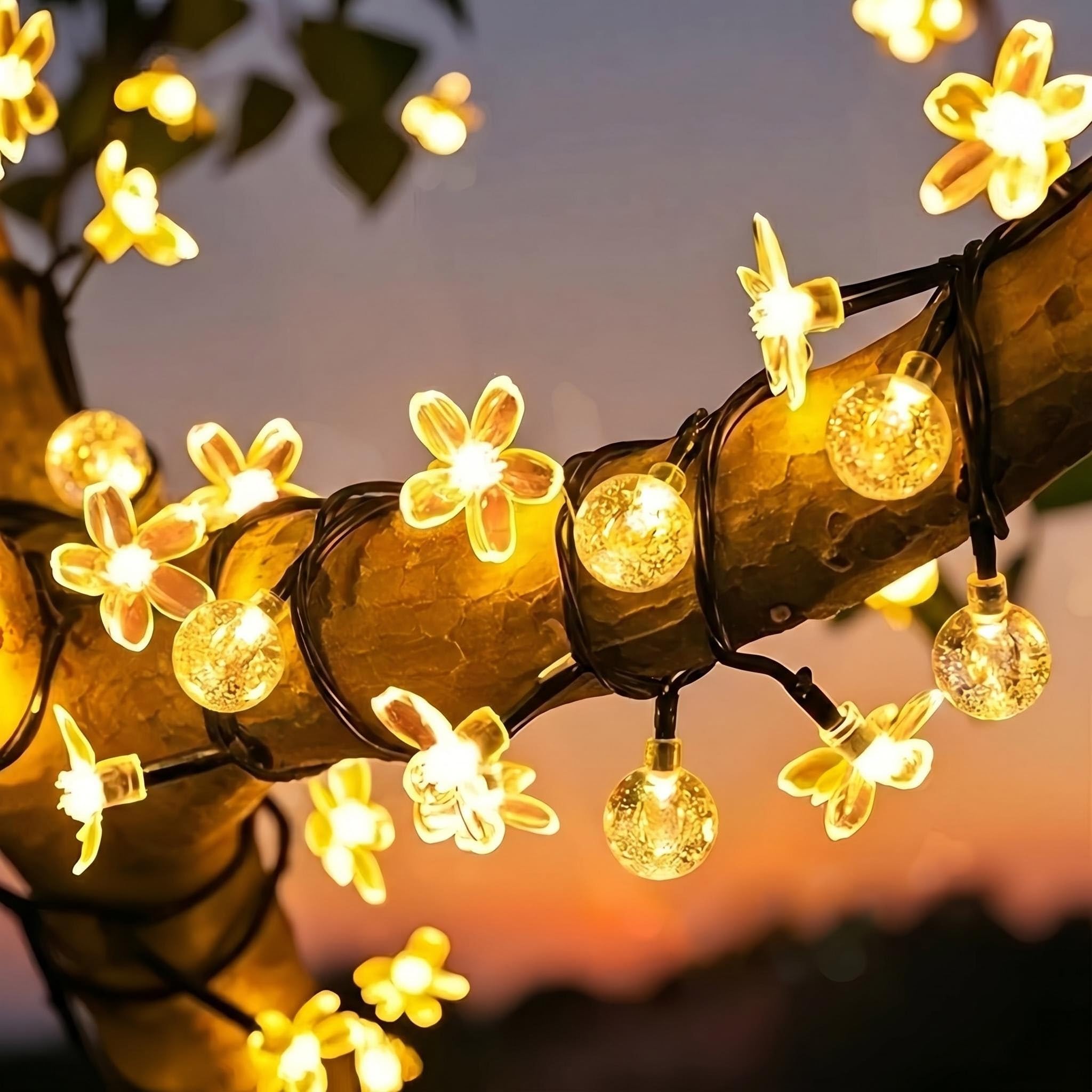 HHMTAKA Solar Fairy Lights Outdoor Waterproof 50LED Flower Solar Garden Lights 8 Mode 9.5M/31FT Indoor/Outdoor Blossom String Lights for Garden Patio Yard Home Christmas (Globe and Flower Warm White)