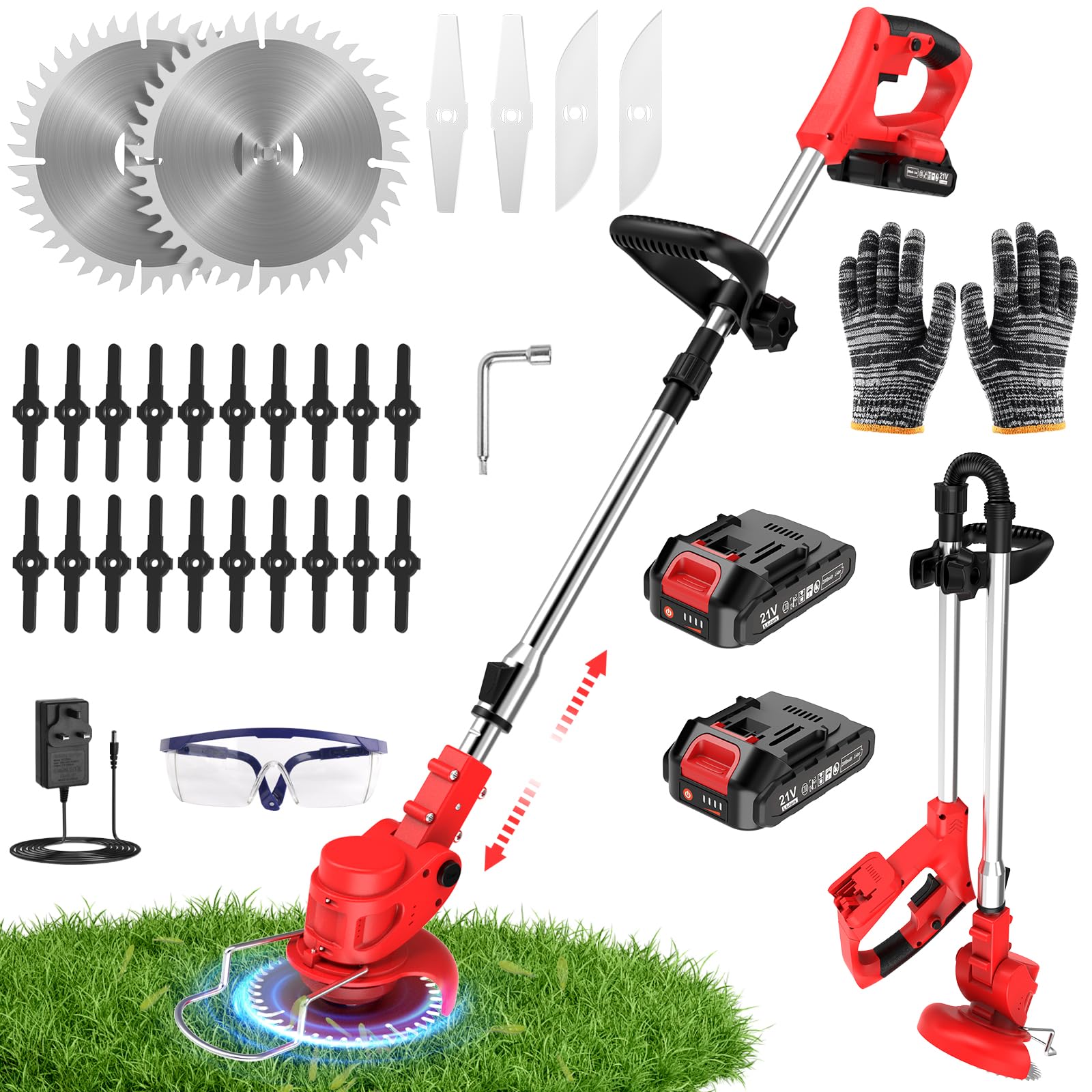21V Cordless Strimmer, 700W Grass Trimmer with 2x 2000mAh Batteries, Lightweight Foldable Battery Strimmers Cordless with 26 Blades,90° Adjustable Head for Garden Lawn Weeding - Deep Orange — view 10
