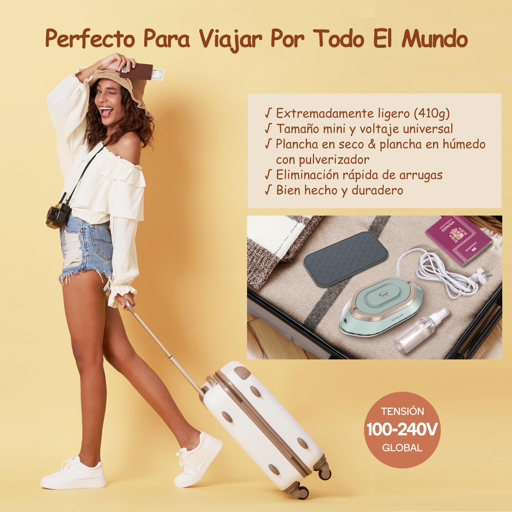 Newbealer Plancha de Viaje para Ropa, Plancha Pequeña Voltaje Universal 100V-240V, Ligera y Compacta sin Vapor con Suela de Cerámica Antiadherente, Bolsa de Transporte, Verde