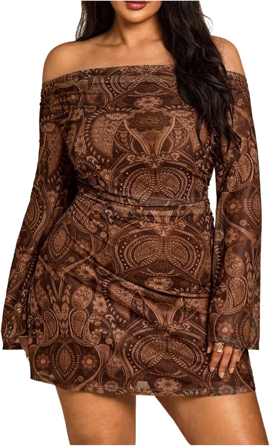 SOLY HUX Women's Plus Size Off The Shoulder Tie Dye Mini Dress Flared Long Sleeve Bodycon Party Dress