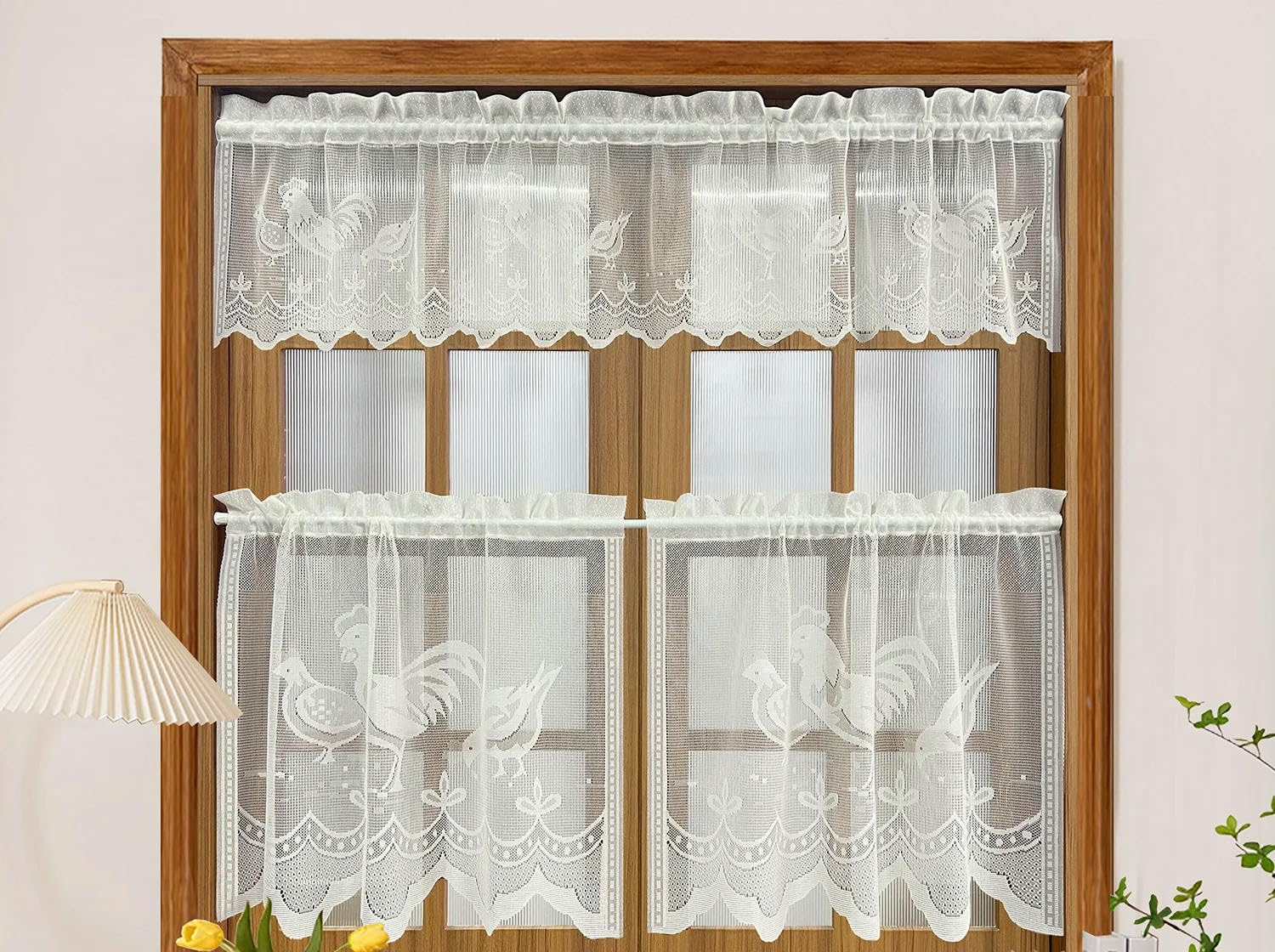Devola - Tenda da cucina in stile country, corta, con motivo floreale, in jacquard, con pizzo, tenda da bistrot, tenda per caffè, con barra forata, HxL 90x100 cm, bianco, 1 pezzo