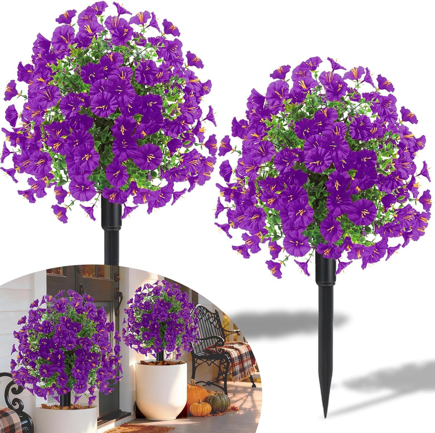 Arbustos de flores moradas falsas para decoración de jardín, estacas artificiales y plantas de patio