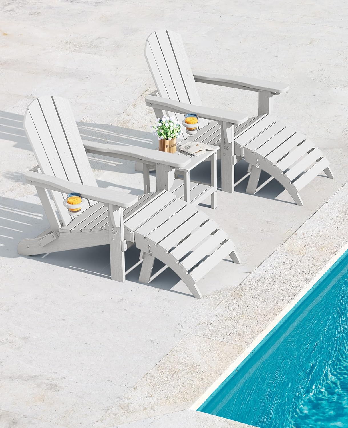 SERWALL 5-Piece Adirondack Chair and Ottoman and Table Set, White