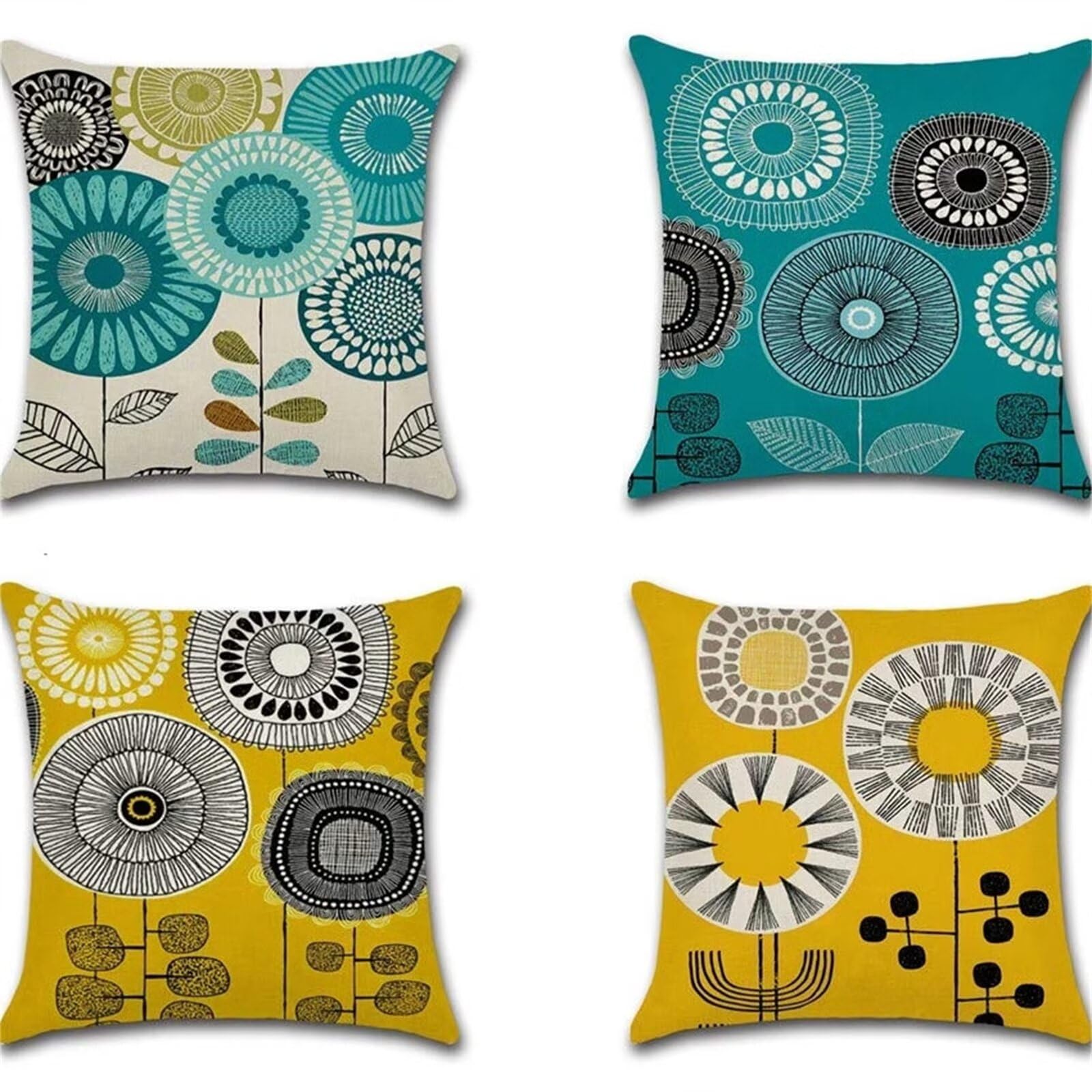 Juego de 4 Impermeable Funda de Cojín Flores amarillas y verdes,65x65cm Moderno Suave Transpirables Lino Fundas de Almohada Cojines Decor con Cremallera Oculta para Exterior Sofá Cama Coche Hogar