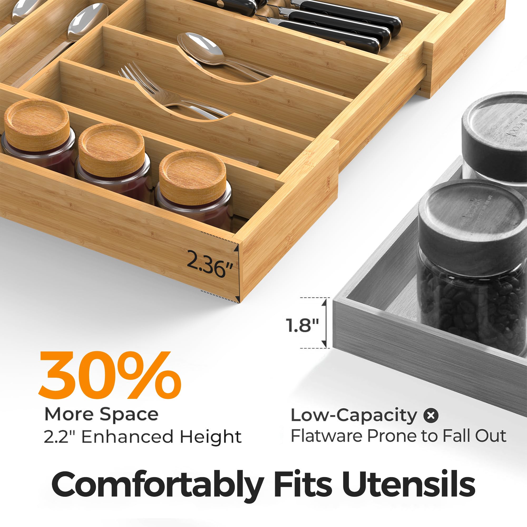 Bambus-Küchenschubladenorganizer, erweiterbarer Utensilien-Organizer mit abnehmbarem Messerblock, Besteckkasten mit Trennwand, verstellbarer Besteck-Organizer
