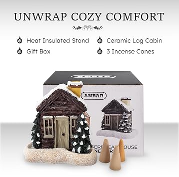 Anbar Backflow Incense Cone Burner Log Cabin, Gingerbread House, Christmas, Fall, Winter, Seasonal, and Holiday Home Decor, Decorative Living Room, Bedroom, or Kitchen Ornament (Winter Log Cabin)